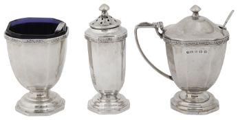 A George V silver three piece cruet set