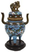 A 19th century Japanese gilt bronze and cloisonne tripod censer and cover