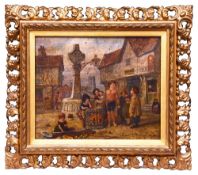 English School (19th century) 'Children in a Town Square', oil on panel