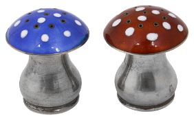 A pair of novelty silver and guilloche enamel toadstool pepper pots
