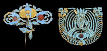 Two Chinese gold (untested) kingfisher feather hair ornaments