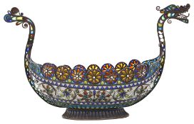 A Norwegian .950 silver and plique a jour enamel boat c.1900