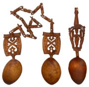 A pair of 19th century Norwegian treen birchwood wedding spoon with chain