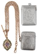 A 9ct gold fob chain and silver vestas