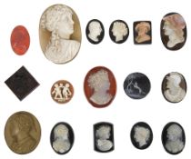 A collection of mostly 19th century hardstone portrait cameos