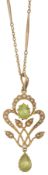 An Edwardian 15ct peridot and seed pearl pendant on chain