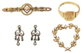 A pair of late 19th century 15ct gold, pearl and emerald ear pendants