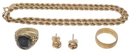 A 9ct gold mounted hard stone signet ring and others