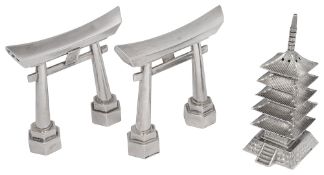 Pair of novelty Japanese .970 silver Tori gate salt and pepper shakers and a .950 pagoda pepperette