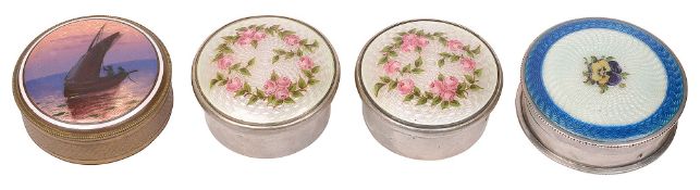 Edwardian and later silver and guilloche enamel decorated pots & another