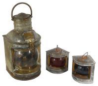 A Ships galvanised steel and copper Stern lamp and a pair of port and starboard lamps by Davey and C