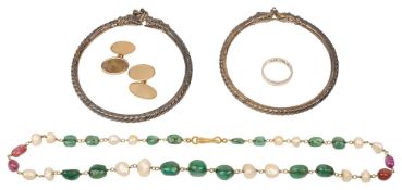 A baroque pearl emerald and ruby bead necklace, cufflinks, bangles etc