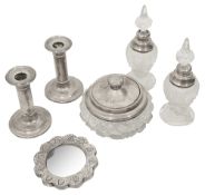 A pair of George V silver mounted cut glass scent bottles and stoppers, a pair candlesticks and othe