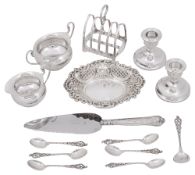 Set of six Norwegian .830 silver coffee spoons, toast rack, other silver