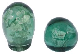 Two Victorian green bottle glass dump paperweights - one by Kilner