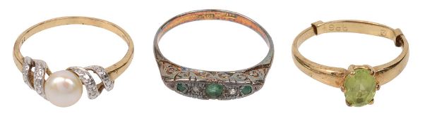 Three rings; including; 18ct yellow gold emerald and diamond five stone ring