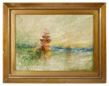 British School (19th Century) 'Three Masted Ship at Sunset',