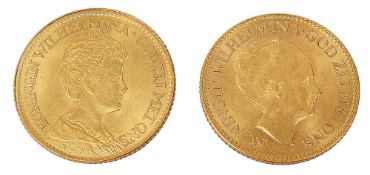 Netherlands. Wilhelmina 1911 + 1932 gold 10 guilders