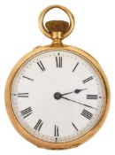 A late 19th century century Swiss 18K gold open faced keyless pocket watch c.1900