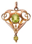 An Edwardian 9ct peridot and seed pearl pendant