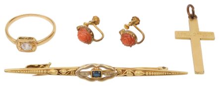 Victorian diamond ring together with cross, earrings, and brooch