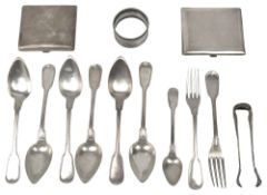 Two Indian colonial silver cigarette cases, assorted 19th century Belgian .800 fiddle and thread fla