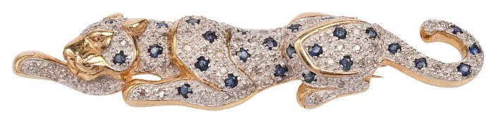 A Continental 9ct gold diamond and sapphire leopard brooch