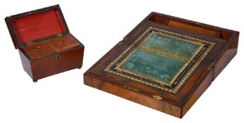 A Victorian figured walnut and parquetry banded writing slope and a caddy