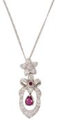 A ruby and diamond-set pendant on chain