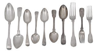 A pair of George III silver fiddle pattern tablespoons and other flatware