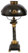 An early 20th century French Empire style lamp with domed tole shade