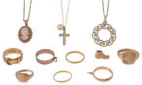 A Victorian 18ct buckle ring, two 22ct bands, an 18ct band and assorted 9ct jewellery
