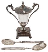 An early 19th century French .950 silver mounted cut glass mustard pot c.1830 and two French .800 si