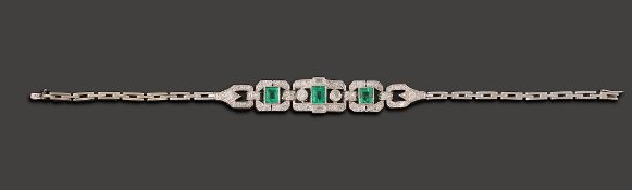An emerald and diamond-set panel bracelet