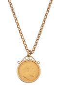 An Edward VII gold full sovereign 1903 on a 9ct mount and chain