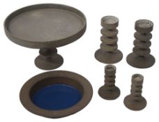 A Robert Welch cast iron tazza, two pairs of candlesticks and Lonborg bowl