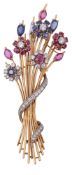 A brilliant-cut diamond, sapphire and ruby spray brooch