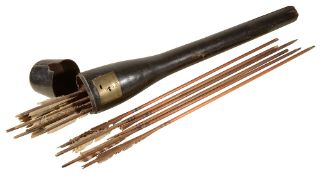A late 18th century leather archery quiver and arrows
