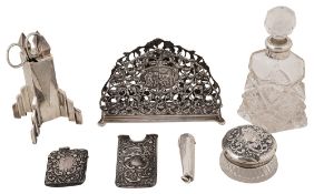 Silver, an Art Deco manicure set, a Dutch .833 letter rack and other items