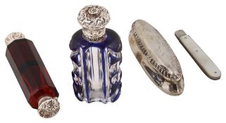 An early Victorian silver mounted blue overlaid cut glass scent bottle, a double ended silver mounte