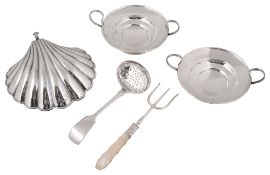 A late Victorian silver butter shell, a pair of Edwardian twin handled bonbon dishes, other silver