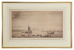 Dutch school (late 18th century) 'Estuarine landscape with, sailing boats, tall ships and grazing ca