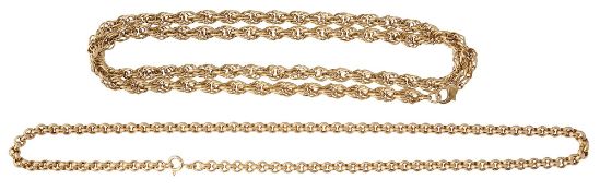 A 9ct gold rope-twist neck chain and a continental 9ct gold belcher link chain
