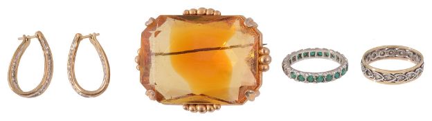 A pair of diamond-set earrings, two eternity rings and a costume brooch