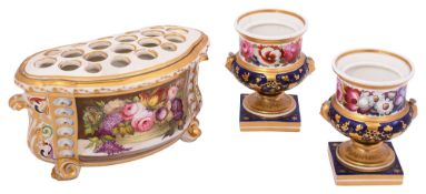 A Derby Duesbury period porcelain bough pot c.1810 and a pair of Spode pastille burners