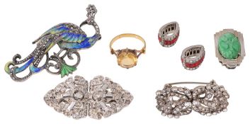 A citrine ring, jadeite brooch, a pair of paste earrings and three brooches