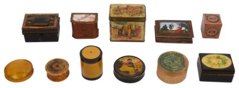 An early 19th century French card vanity box mounted with a reverse glass painted panel and other bo