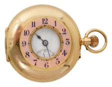 An early 20th century continental 15ct gold small keyless half hunter fob watch