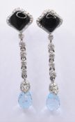 PAIR OF ONYX DIAMOND & AQUAMARINE DROP EARRINGS