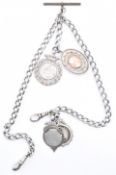 1930S ART DECO ERA SILVER POCKET WATCH CHAIN & MEDALS